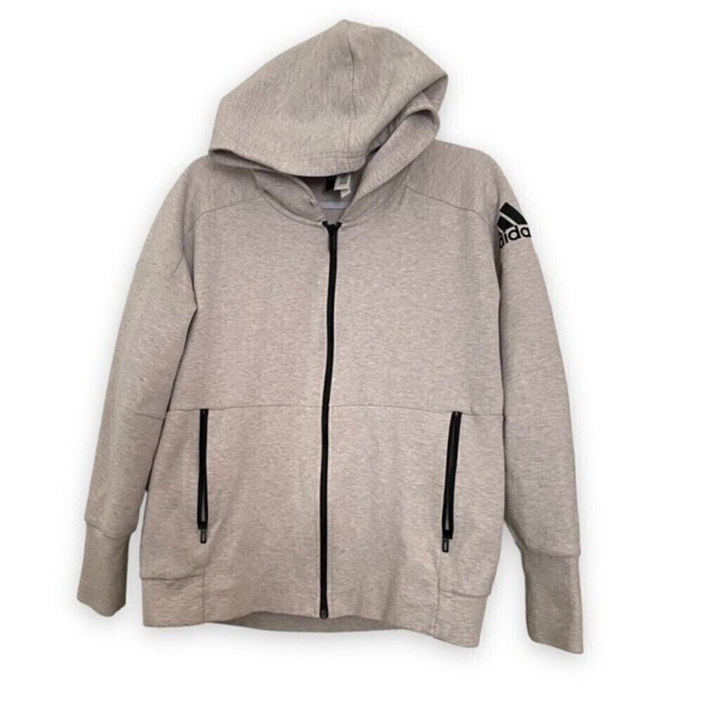 Adidas ID Stadium Full Zip Gray Hoodie Black Zip Comfortable Athletic Sweater